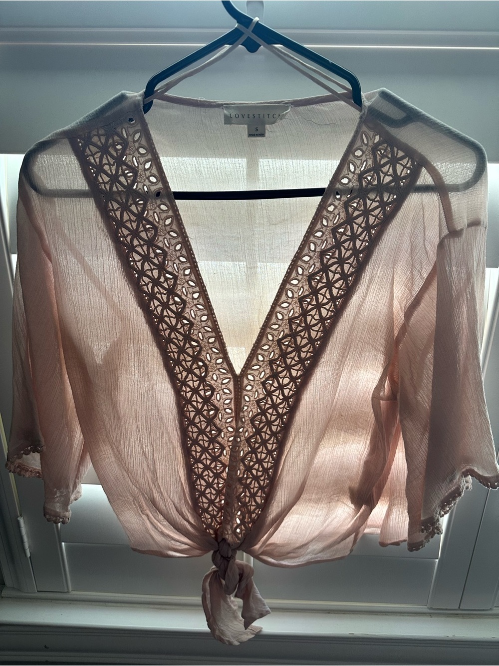 lovestitch Sheer Crochet-Trim Tie Front Top - Blush